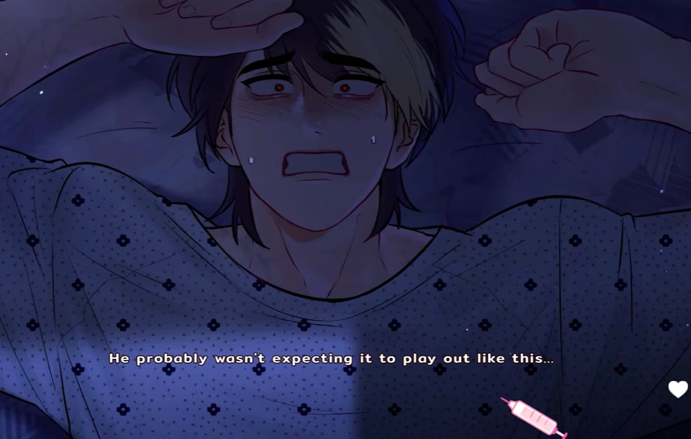 A frightened character with raised hands lies on a pillow in a dark blue nighttime scene