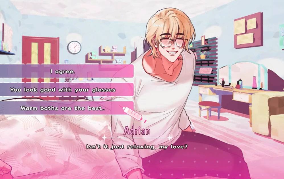 Adrian in glasses beside a bed with three pink dialogue options over a pastel bedroom scene